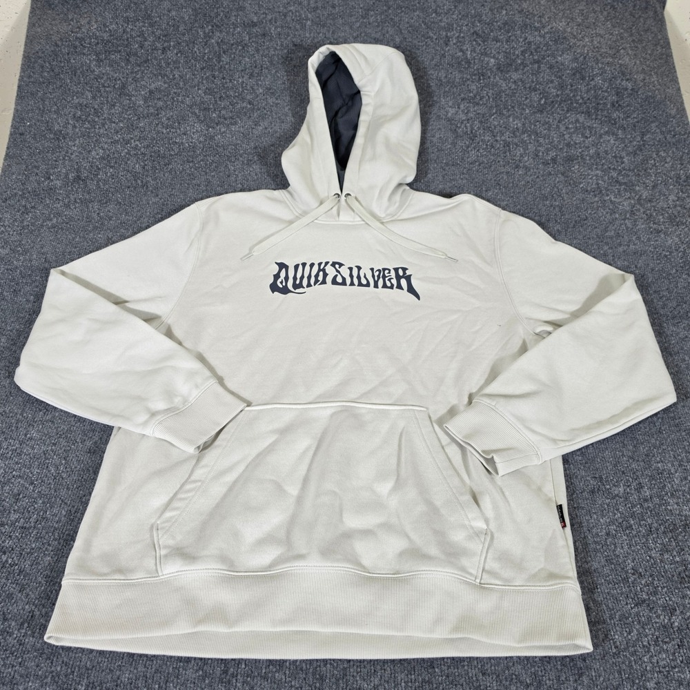 Y2K Quiksilver Mens XL Cream Graphic Pullover Hoodie Surf Skate Since 1969 Logo